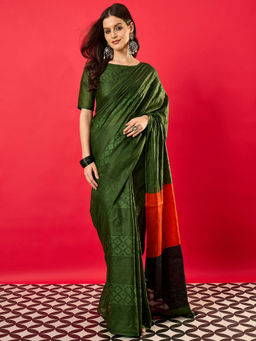 Akhilam - Women's Cotton Green Woven Saree with Unstitched Blouse