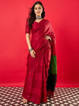 Akhilam - Women's Cotton Red Woven Saree with Unstitched Blouse