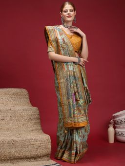 Akhilam - Women's Viscose Silk Turquoise Printed Saree with Unstitched Blouse