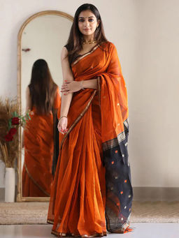 Akhilam - Women's Silk Cotton Orange Woven Design Saree with Unstitched Blouse