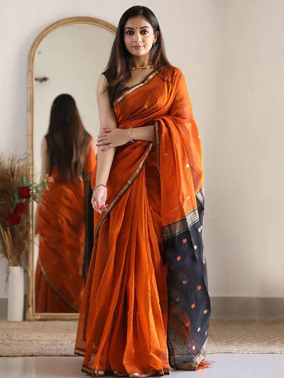 Women's Silk Cotton Orange Woven Design Saree with Unstitched Blouse