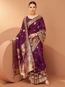 Akhilam - Women's Satin Silk Purple Woven Design Saree with Unstitched Blouse