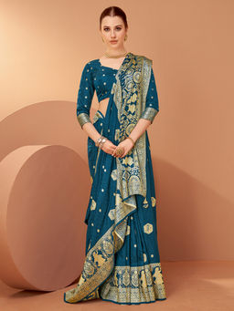 Akhilam - Women's Satin Silk Teal Green Woven Design Saree with Unstitched Blouse