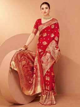 Akhilam - Women's Satin Silk Red Woven Design Saree with Unstitched Blouse
