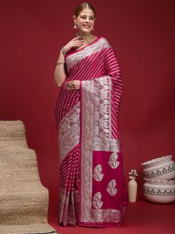 Akhilam - Women's Satin Silk Magenta Woven Design Saree with Unstitched Blouse
