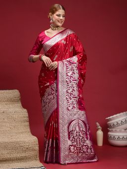 Akhilam - Women's Satin Silk Red Woven Design Saree with Unstitched Blouse