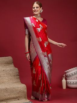 Akhilam - Women's Satin Silk Red Woven Design Saree with Unstitched Blouse