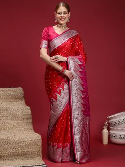Akhilam - Women's Satin Silk Red Woven Design Saree with Unstitched Blouse