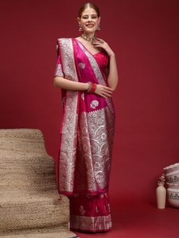 Akhilam - Women's Satin Silk Pink Woven Design Saree with Unstitched Blouse