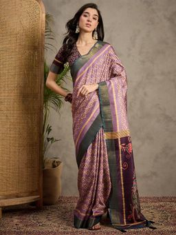Akhilam - Women's Silk Blend Purple Printed Saree with Unstitched Blouse