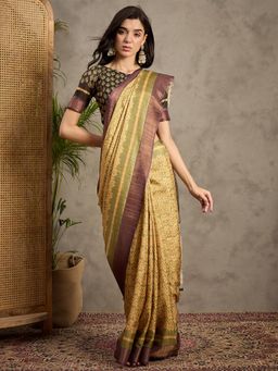 Akhilam - Women's Silk Blend Olive Printed Saree with Unstitched Blouse
