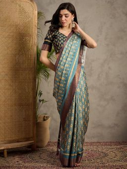 Akhilam - Women's Silk Blend Light Blue Printed Saree with Unstitched Blouse