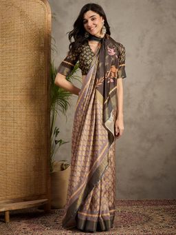 Akhilam - Women's Silk Blend Beige Printed Saree with Unstitched Blouse