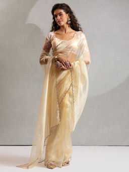 Akhilam - Women's Organza Yellow Pre Drape Saree with Unstitched Blouse