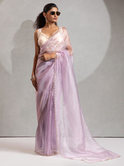 Akhilam - Women's Organza Lavender Embellished Saree with Unstitched Blouse