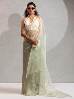 Akhilam - Women's Organza Sea Green Pre Drape Saree with Unstitched Blouse
