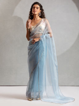 Akhilam - Women's Organza Light Blue Pre Drape Saree with Unstitched Blouse