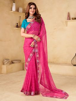 Akhilam - Women's Chiffon Pink Embellished Saree with Unstitched Blouse