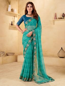 Akhilam - Women's Chiffon Turquoise Embellished Saree with Unstitched Blouse