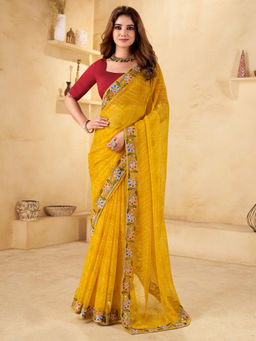 Akhilam - Women's Chiffon Yellow Embellished Saree with Unstitched Blouse
