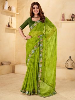 Akhilam - Women's Chiffon Green Embellished Saree with Unstitched Blouse