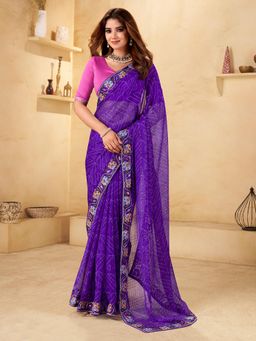 Akhilam - Women's Chiffon Purple Embellished Saree with Unstitched Blouse