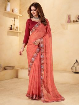 Akhilam - Women's Chiffon Peach Embellished Saree with Unstitched Blouse