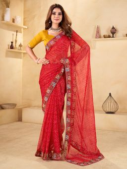 Akhilam - Women's Chiffon Red Embellished Saree with Unstitched Blouse