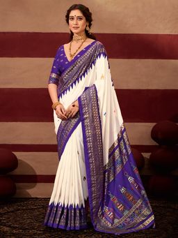 Akhilam - Women's Tussar Silk Purple Printed Saree with Unstitched Blouse