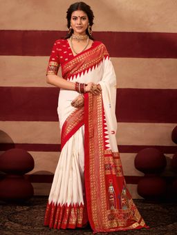 Akhilam - Women's Tussar Silk Red Printed Saree with Unstitched Blouse