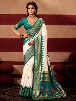 Akhilam - Women's Tussar Silk Teal Printed Saree with Unstitched Blouse