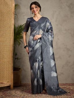 Akhilam - Women's Cotton Silk Grey Printed Saree with Unstitched Blouse