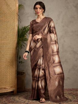Akhilam - Women's Cotton Silk Camel Brown Printed Saree with Unstitched Blouse