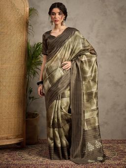 Akhilam - Women's Cotton Silk Olive Printed Saree with Unstitched Blouse