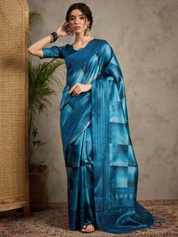 Akhilam - Women's Cotton Silk Light Blue Printed Saree with Unstitched Blouse
