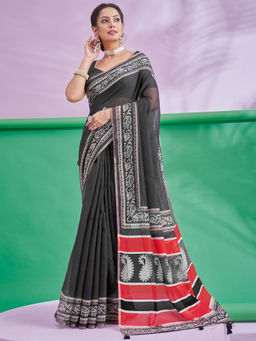 Akhilam - Women's Cotton Linen Black Printed Saree with Unstitched Blouse