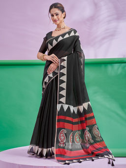 Akhilam - Women's Cotton Linen Black Printed Saree with Unstitched Blouse