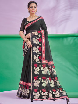 Akhilam - Women's Cotton Linen Black Printed Saree with Unstitched Blouse