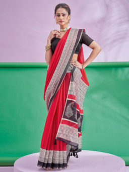 Akhilam - Women's Cotton Linen Red Printed Saree with Unstitched Blouse