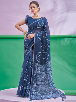 Akhilam - Women's Cotton Linen Blue Printed Saree with Unstitched Blouse