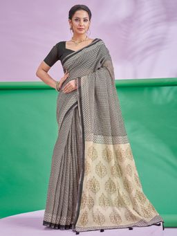 Akhilam - Women's Cotton Linen Black Printed Saree with Unstitched Blouse