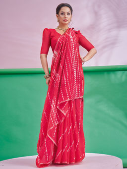 Akhilam - Women's Cotton Linen Red Printed Saree with Unstitched Blouse