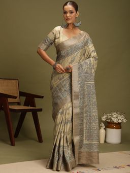 Akhilam - Women's Satin Silk Beige Digital Print Saree with Unstitched Blouse