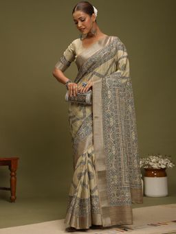 Akhilam - Women's Satin Silk Beige Digital Print Saree with Unstitched Blouse