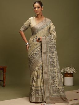 Akhilam - Women's Satin Silk Beige Digital Print Saree with Unstitched Blouse