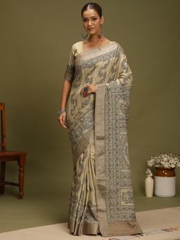 Akhilam - Women's Satin Silk Beige Digital Print Saree with Unstitched Blouse