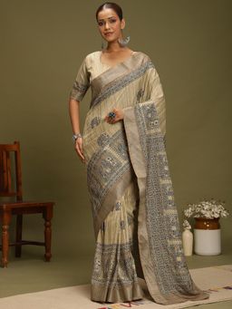 Akhilam - Women's Satin Silk Beige Digital Print Saree with Unstitched Blouse