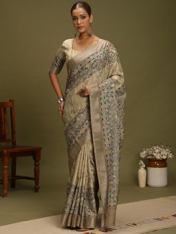 Akhilam - Women's Satin Silk Beige Digital Print Saree with Unstitched Blouse
