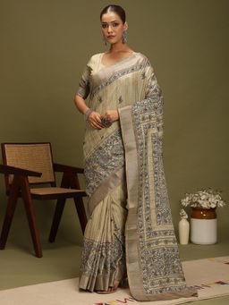 Akhilam - Women's Satin Silk Beige Digital Print Saree with Unstitched Blouse