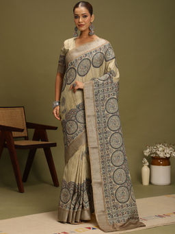 Akhilam - Women's Satin Silk Beige Digital Print Saree with Unstitched Blouse